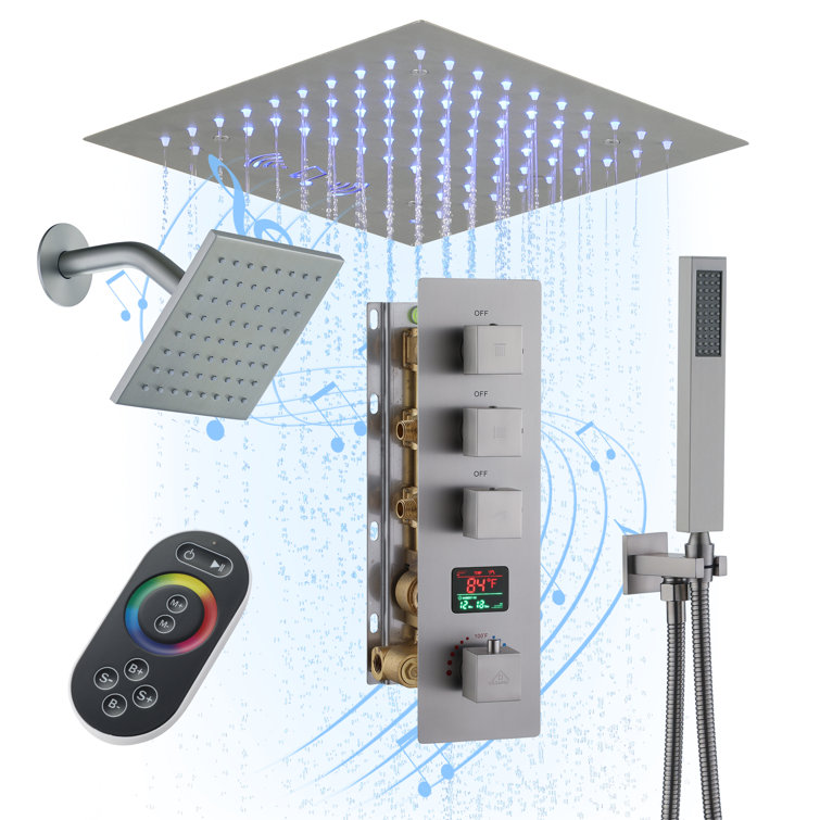Brushed Nickel Dual Shower Head System with LED and Bluetooth