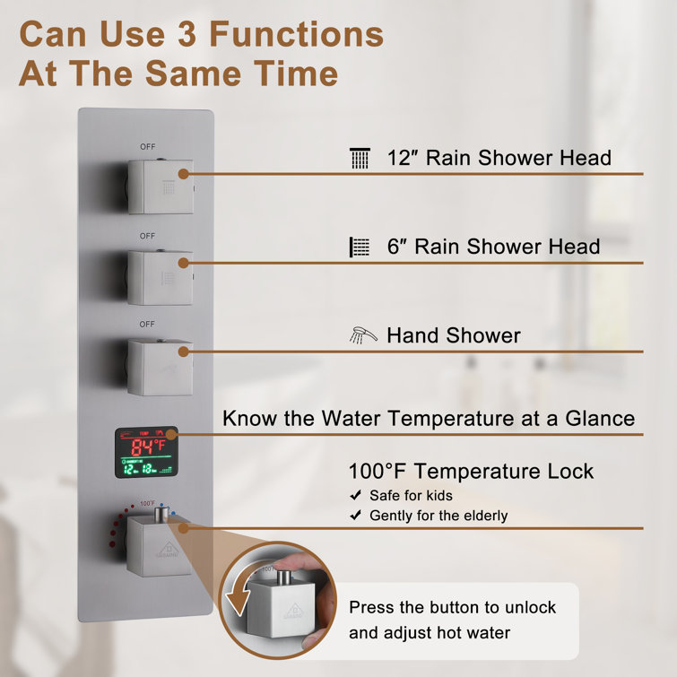 Brushed Nickel Dual Shower Head System with LED and Bluetooth