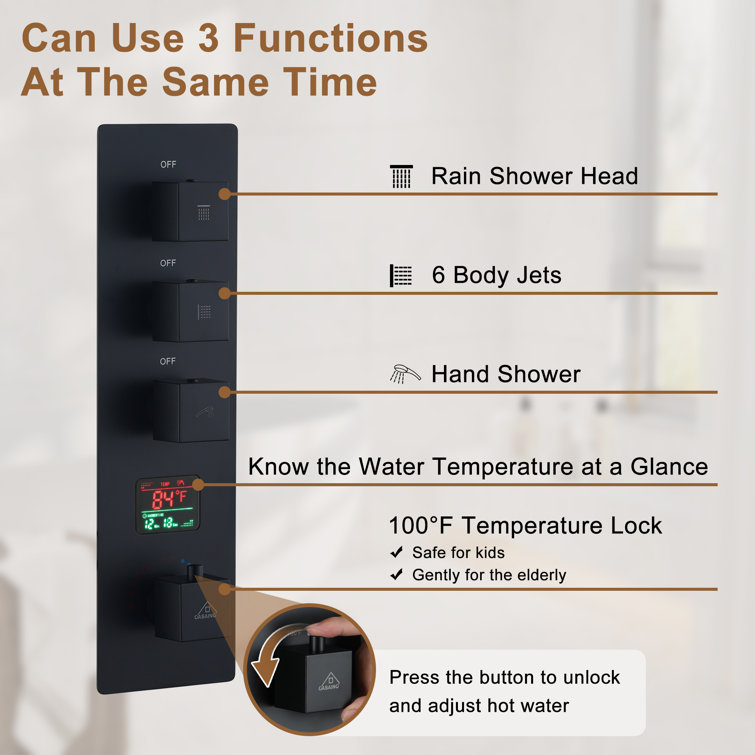 Matte Black Multi-Function Thermostatic Shower System with Digital Display