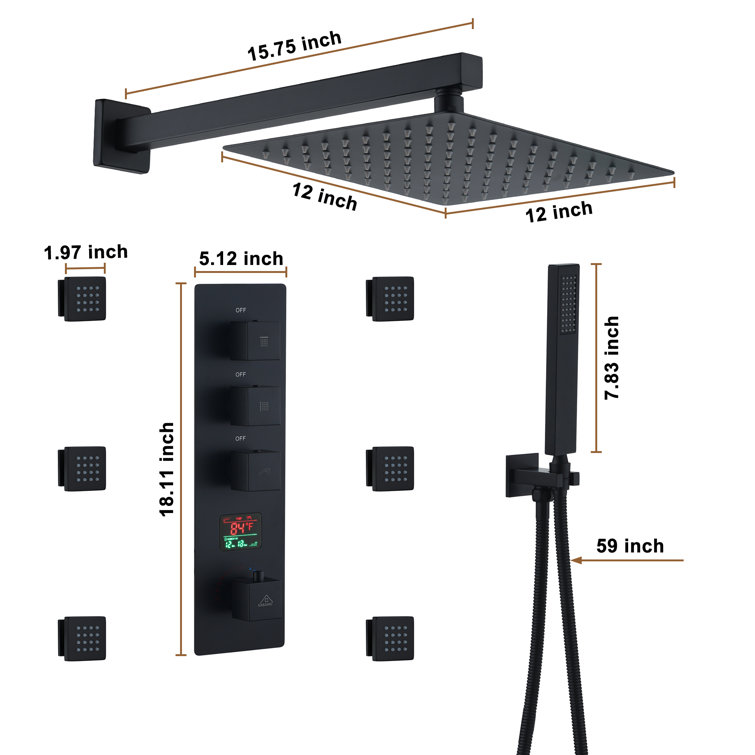 Matte Black Multi-Function Thermostatic Shower System with Digital Display