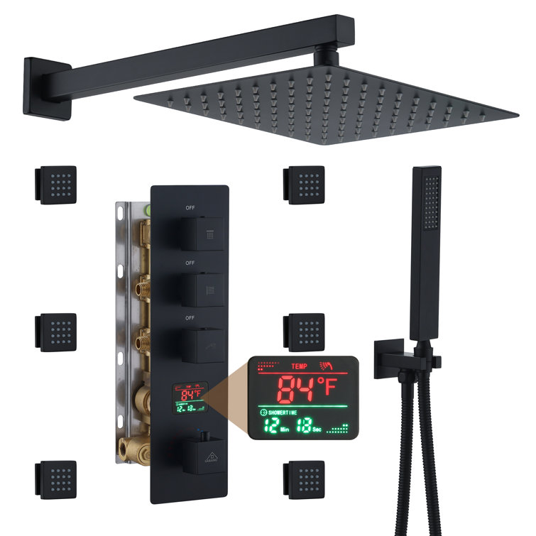 Matte Black Multi-Function Thermostatic Shower System with Digital Display