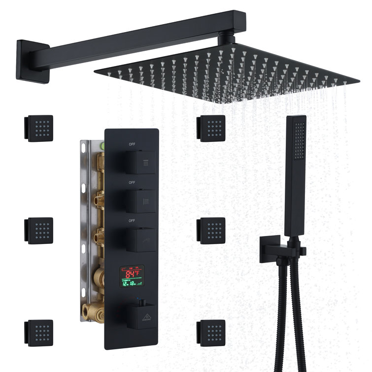 Matte Black Multi-Function Thermostatic Shower System with Digital Display