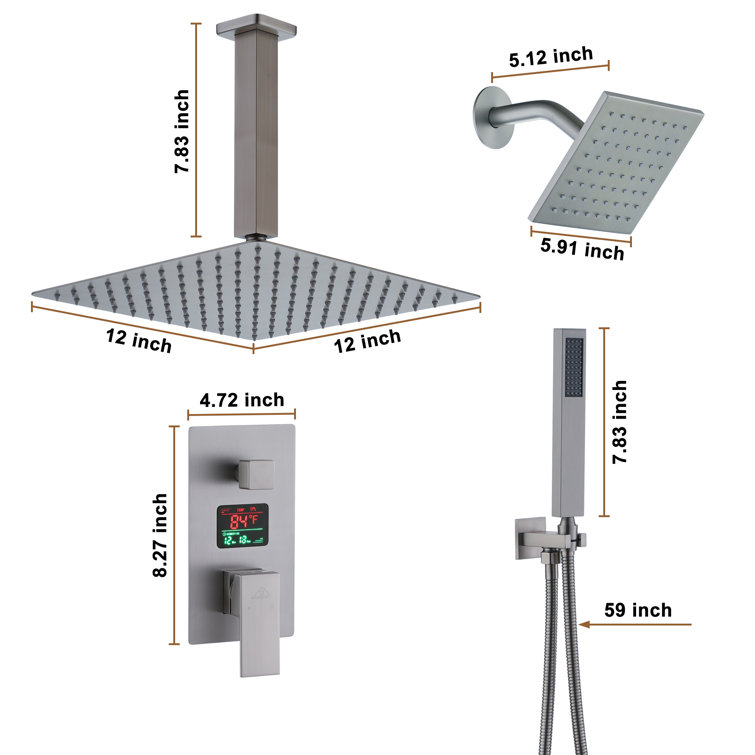 Brushed Nickel Rainfall Dual Shower Head System with Digital Display