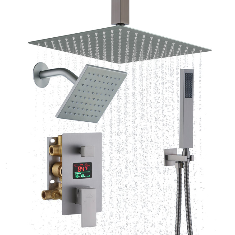 Brushed Nickel Rainfall Dual Shower Head System with Digital Display