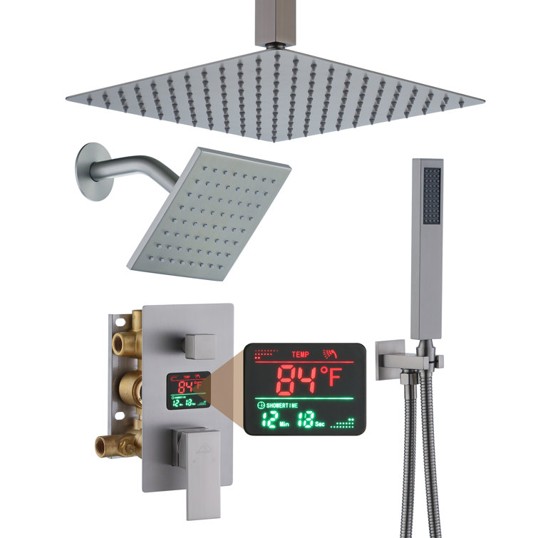 Brushed Nickel Rainfall Dual Shower Head System with Digital Display