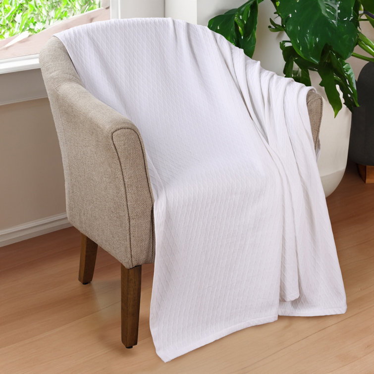 White Cotton Diamond Weave Reversible Throw Blanket
