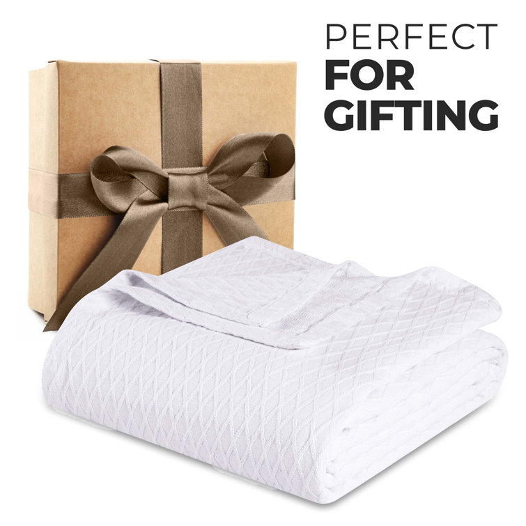 White Cotton Diamond Weave Reversible Throw Blanket