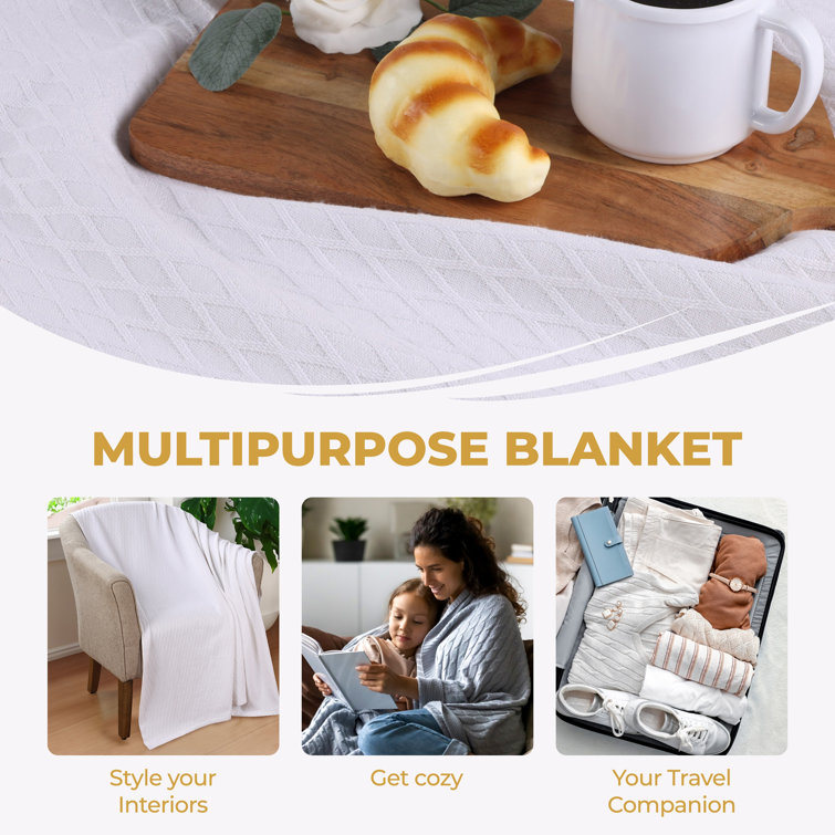 White Cotton Diamond Weave Reversible Throw Blanket