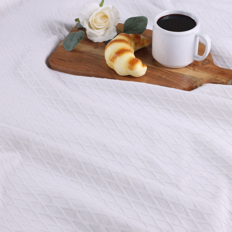 White Cotton Diamond Weave Reversible Throw Blanket