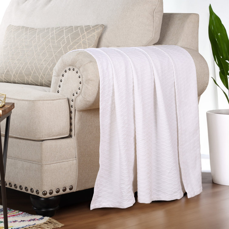 White Cotton Diamond Weave Reversible Throw Blanket