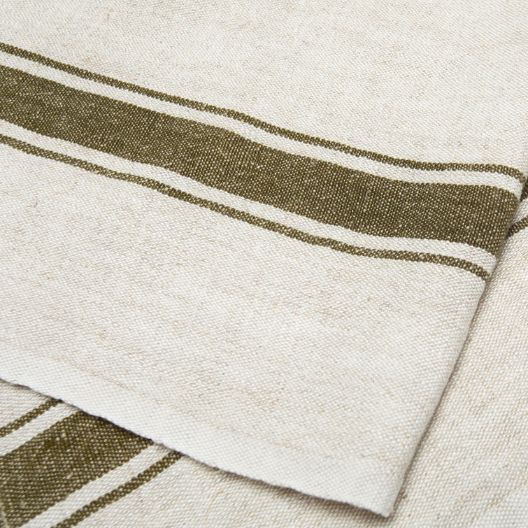 Olive Green and Natural Linen Stripe Tea Towel Set