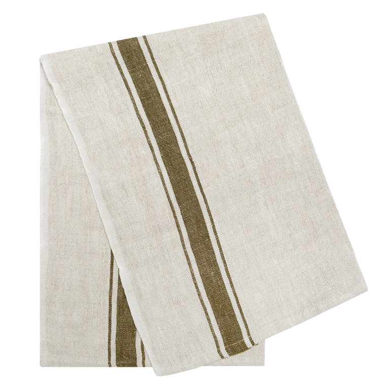 Olive Green and Natural Linen Stripe Tea Towel Set
