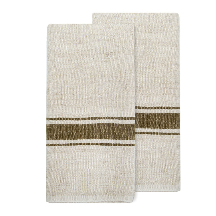 Olive Green and Natural Linen Stripe Tea Towel Set