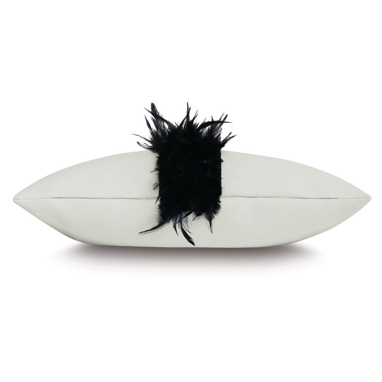 Rectangular Off-White Faux Leather Throw Pillow with Black Feather Trim