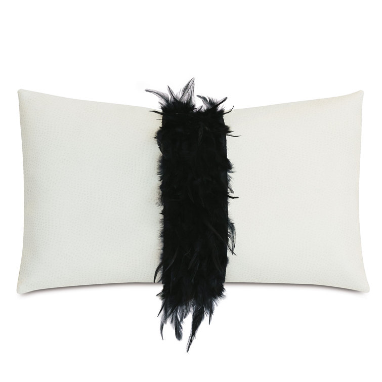 Rectangular Off-White Faux Leather Throw Pillow with Black Feather Trim