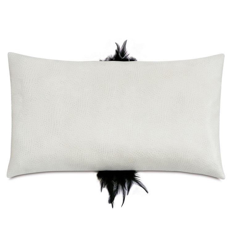 Rectangular Off-White Faux Leather Throw Pillow with Black Feather Trim