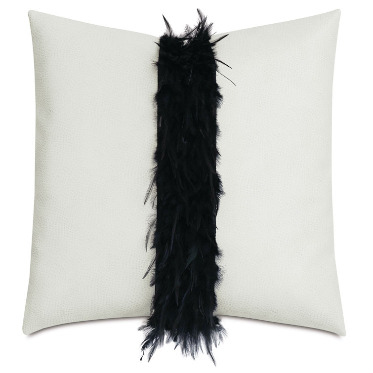 22" Square Off-White Faux Leather Pillow with Black Feather Trim