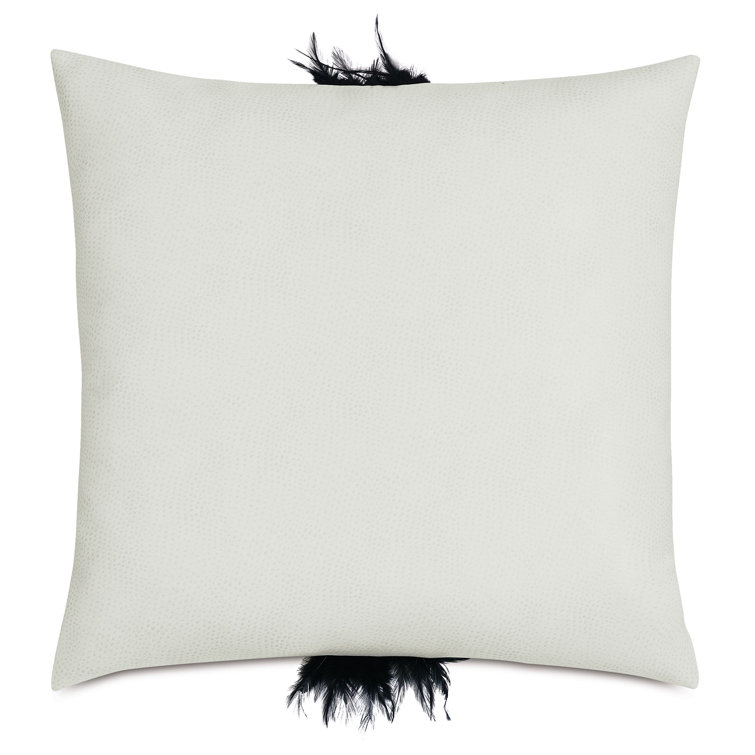 22" Square Off-White Faux Leather Pillow with Black Feather Trim