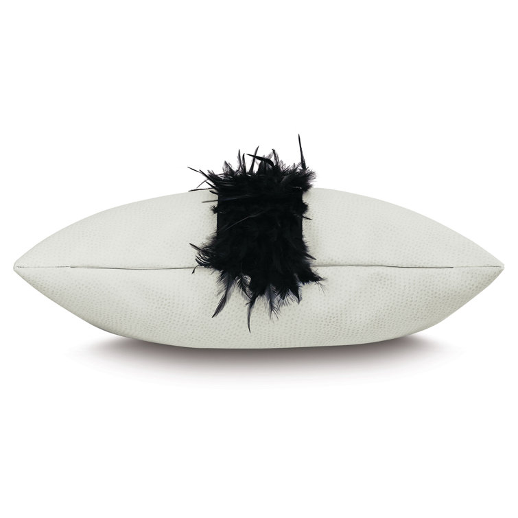 22" Square Off-White Faux Leather Pillow with Black Feather Trim