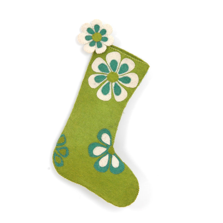 Handmade Lime Green Wool Flower Power Christmas Stocking