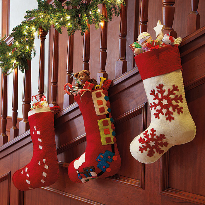 Hand Felted Red Wool Christmas Stocking with Train Design
