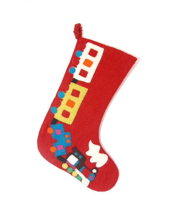 Hand Felted Red Wool Christmas Stocking with Train Design