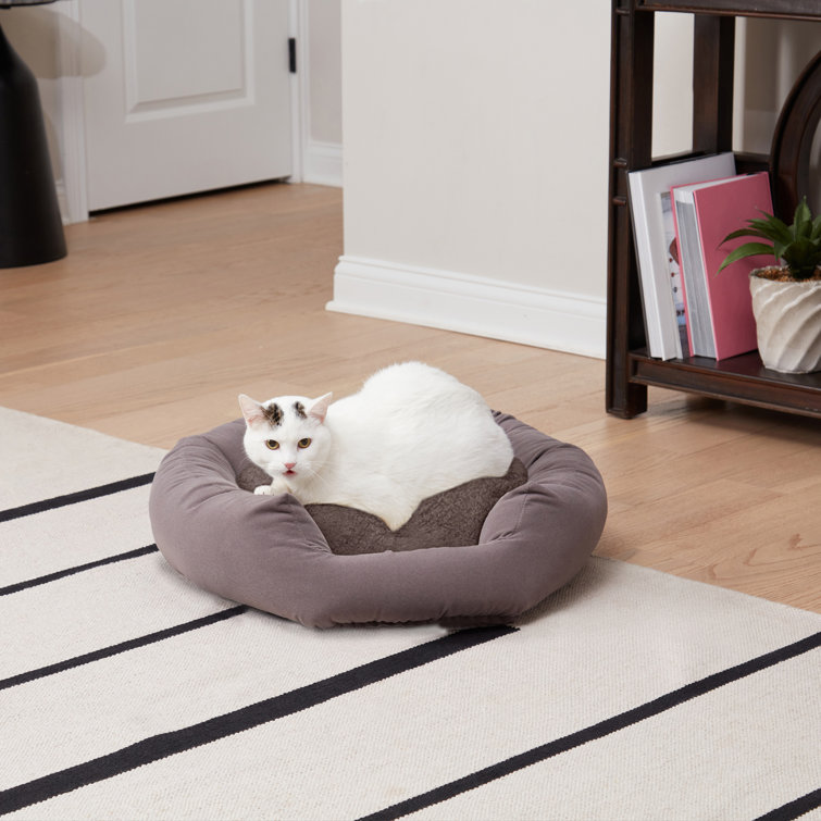 Gray Microfiber Round Donut Cat Bed with Sherpa Center