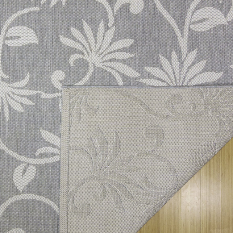 Gray and Ivory Floral Flatweave Indoor/Outdoor Area Rug, 9x13