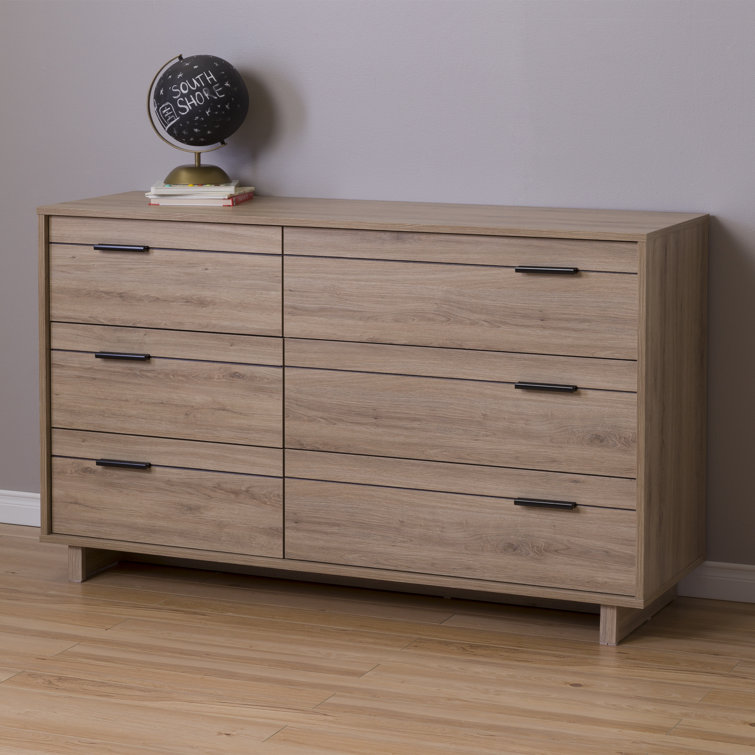 Rustic Oak Double 6-Drawer Dresser with Metal Pulls