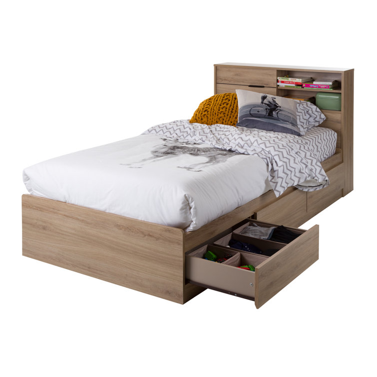 Rustic Oak Twin Wood Platform Bed with Storage Drawers