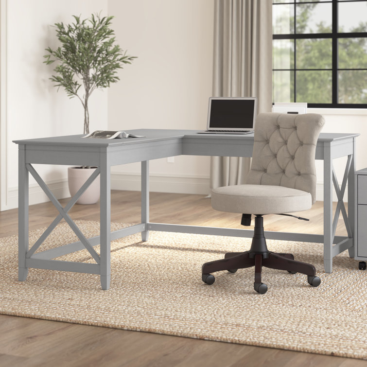 Cape Cod Gray L-Shaped Corner Desk with X-Pattern Accents