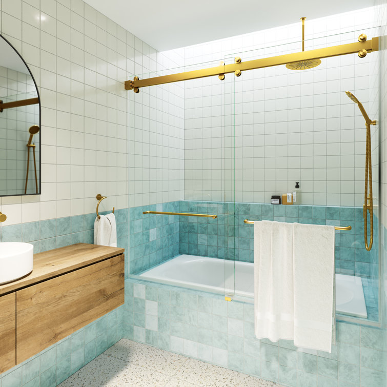 Polaris Frameless Satin Brass Sliding Bathtub Door 60 x 66 in.