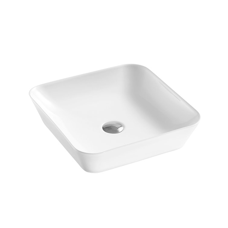 Glossy White Ceramic Square Bathroom Vessel Sink, 17.12"