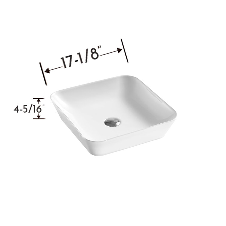 Glossy White Ceramic Square Bathroom Vessel Sink, 17.12"
