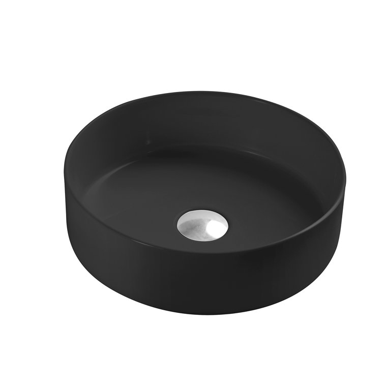 Matte Black Round Ceramic Bathroom Vessel Sink, 14"