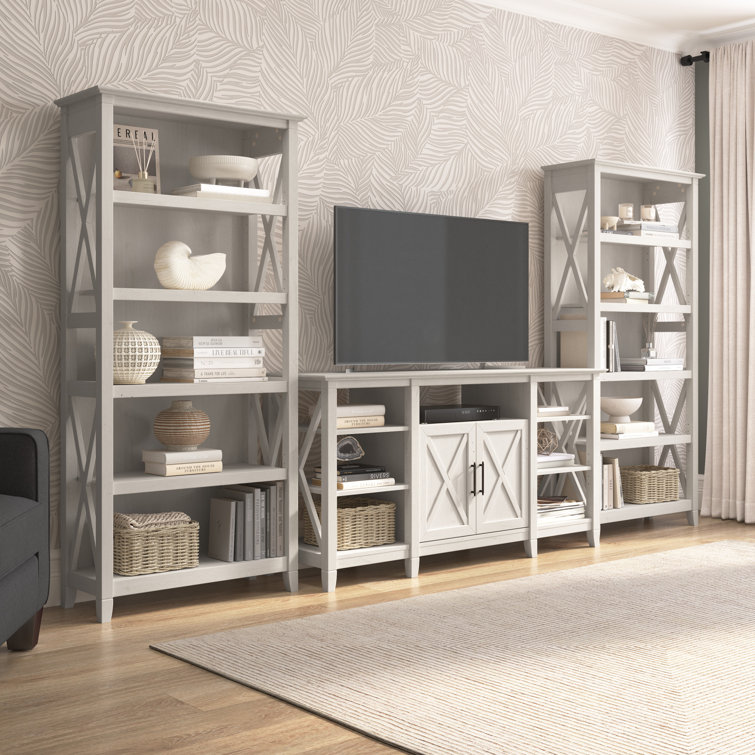 Coastal Charm Linen White Oak Media Center with Integrated Bookcases