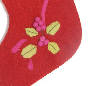 Hand Felted Red Wool Christmas Stocking with Holly Berries