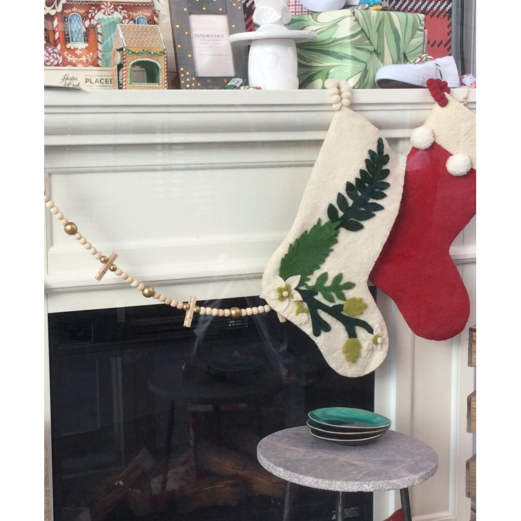 Hand Felted Wool Christmas Stocking with Green Leaves on Cream
