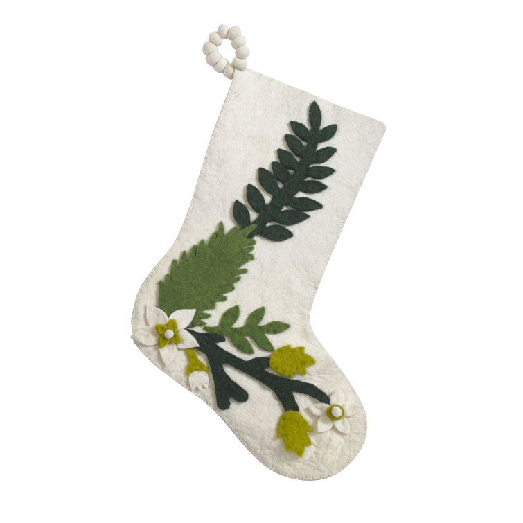 Hand Felted Wool Christmas Stocking with Green Leaves on Cream