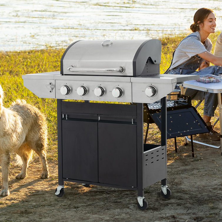 Stainless Steel 4-Burner Propane Gas Grill with Side Burner