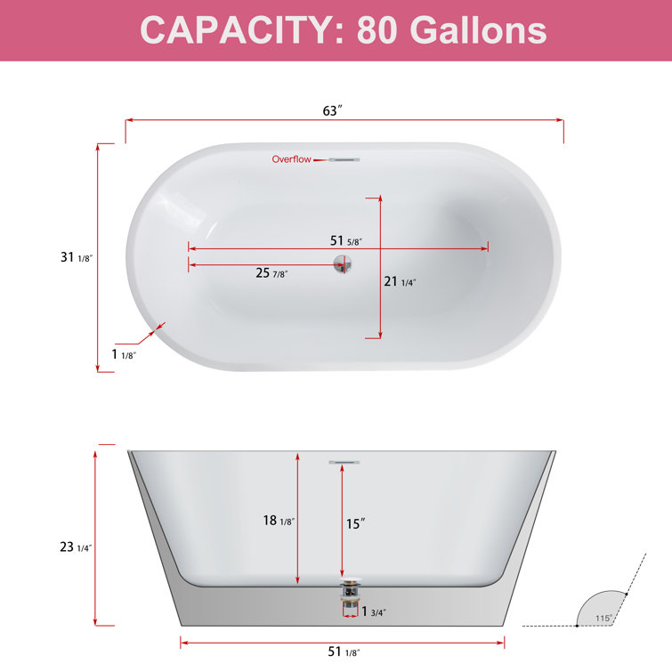 63'' Gloss White Freestanding Acrylic Soaking Bathtub