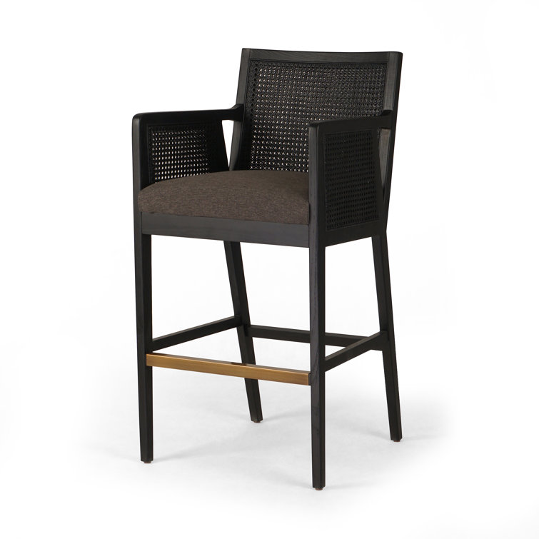 Toasted Parawood & Brass Swivel Bar Stool with Linen-Blend Seat