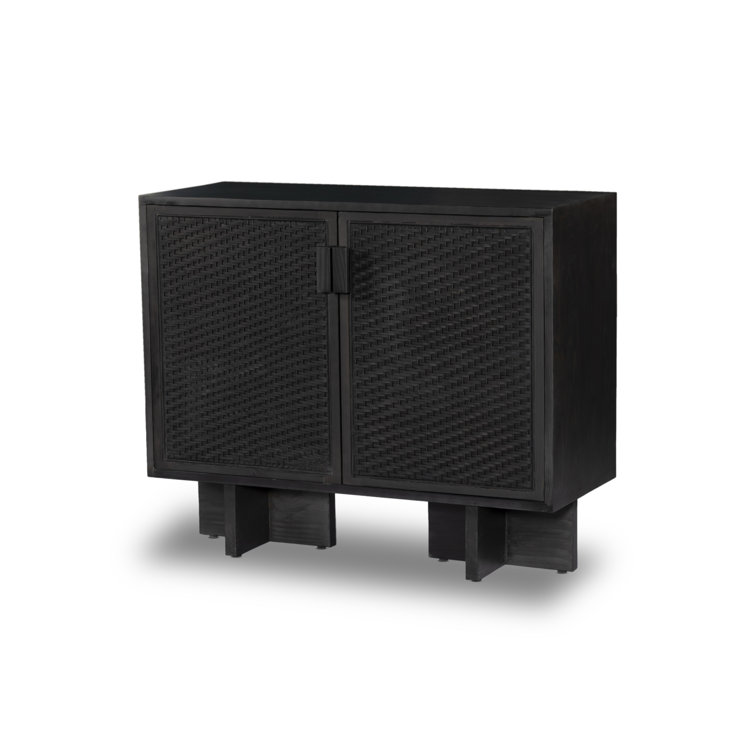 Black Woven Cane Front Bar Cabinet with Cross Legs