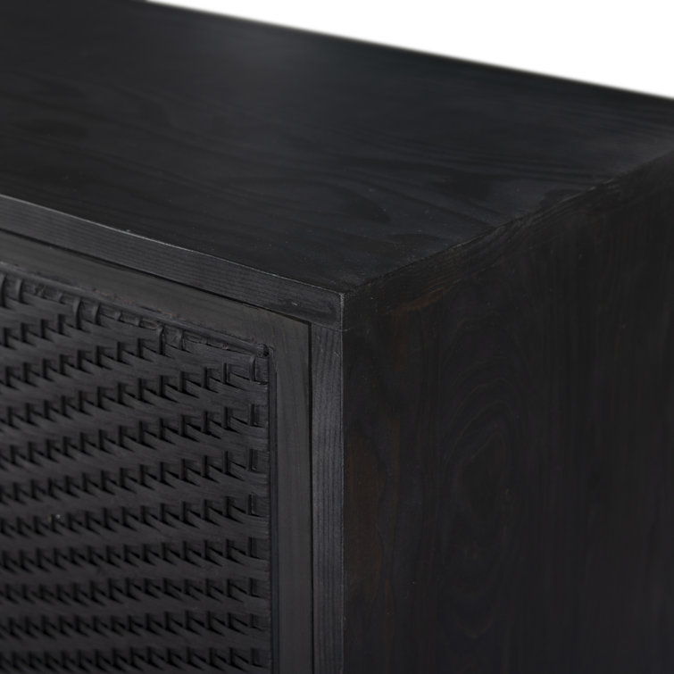 Black Woven Cane Front Bar Cabinet with Cross Legs