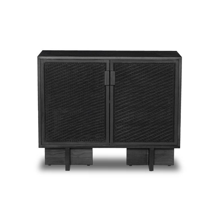 Black Woven Cane Front Bar Cabinet with Cross Legs