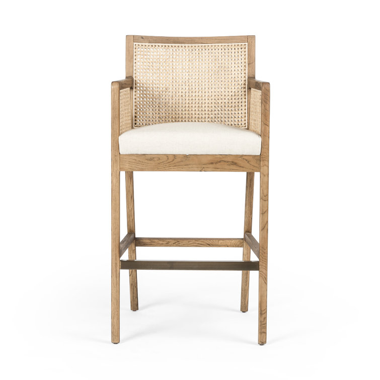 Toasted Parawood & Brass Swivel Bar Stool with Linen-Blend Seat