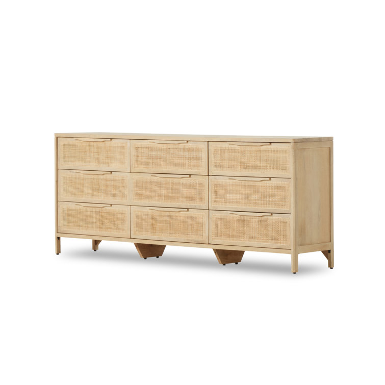 Natural Mango Wood 9-Drawer Dresser with Cane Front