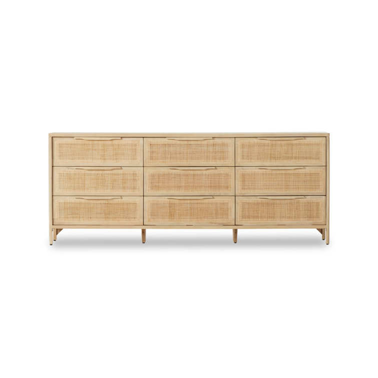 Natural Mango Wood 9-Drawer Dresser with Cane Front