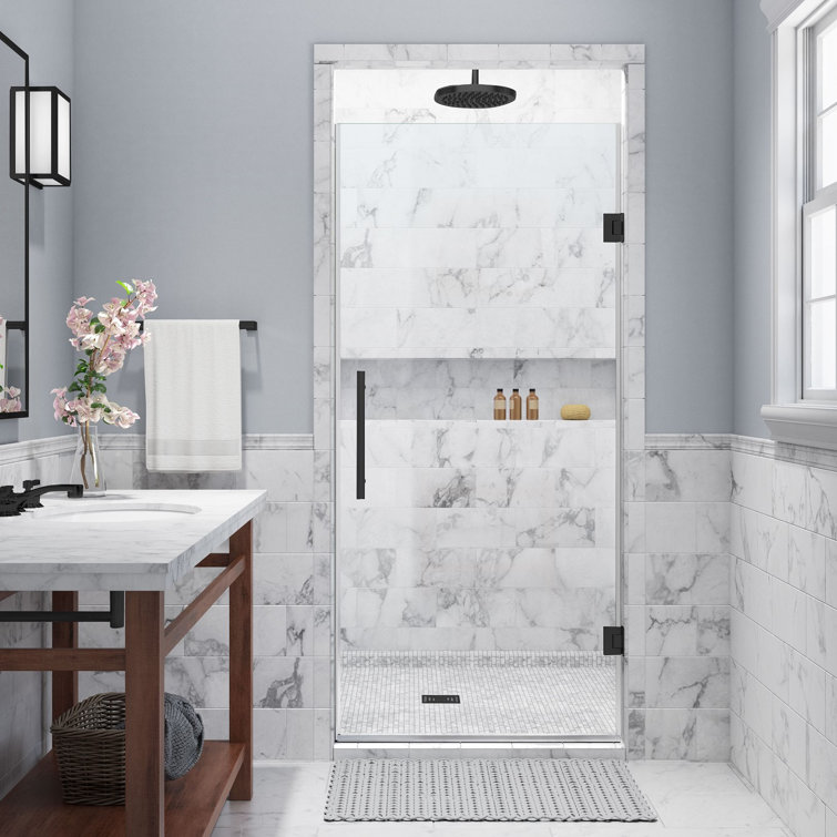 Matte Black Frameless Hinged Shower Door with Clear Tempered Glass