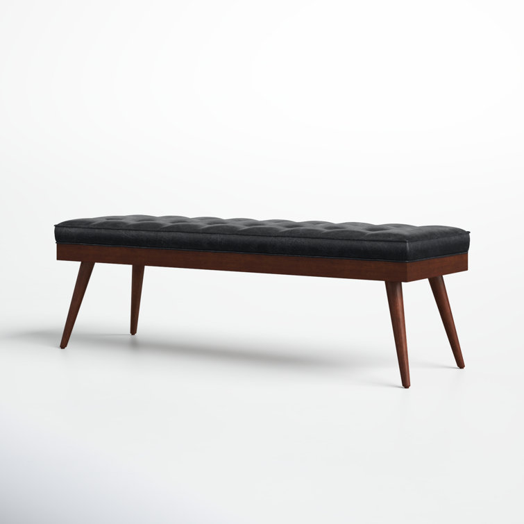 Luca Onyx Black Full-Grain Leather Bench with Mahogany Legs